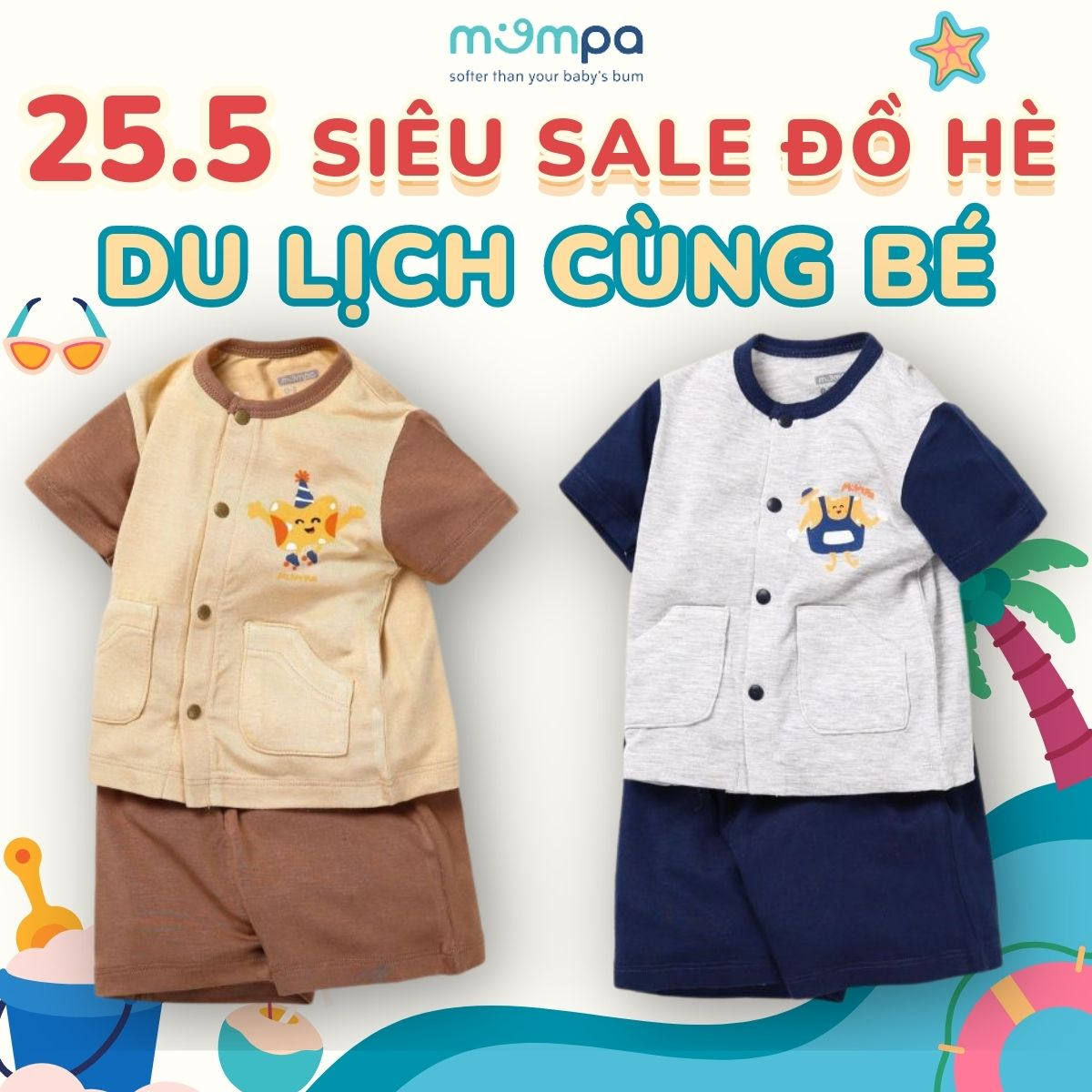 Bộ quần áo sơ sinh cộc tay cho bé Mompa 0 - 9 tháng vải Modal cúc giữa thoáng mát co giãn thấm hút 225