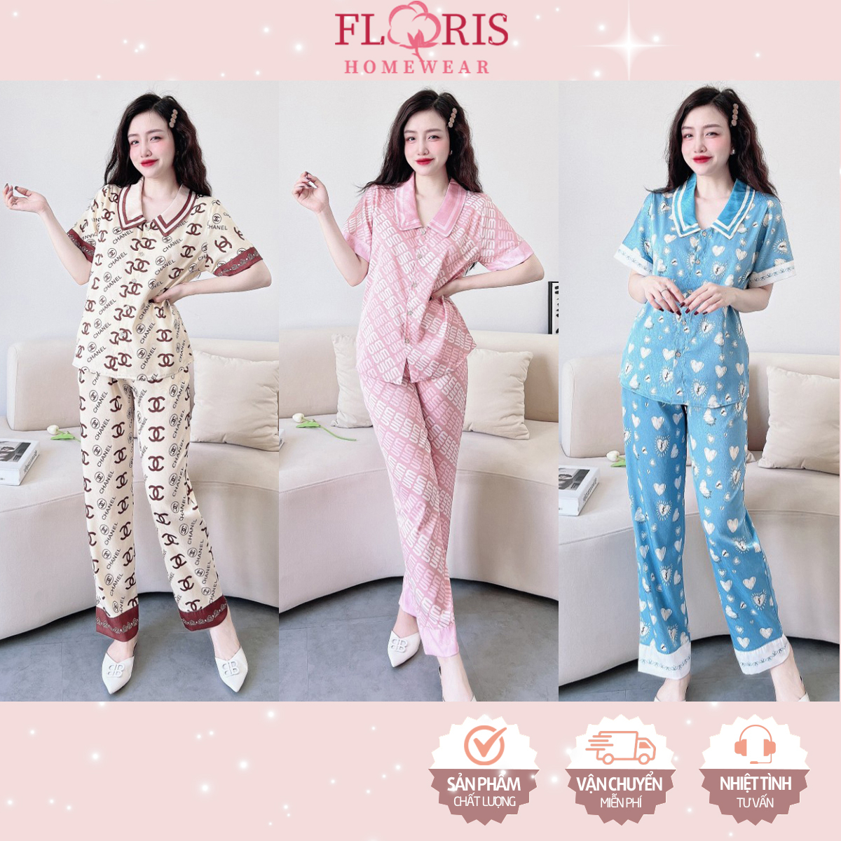 Bộ ngủ pizama mặc nhà lụa xước ánh kim tay ngắn quần dài in viền sang trọng, vải mềm mịn mát Floris Homewear