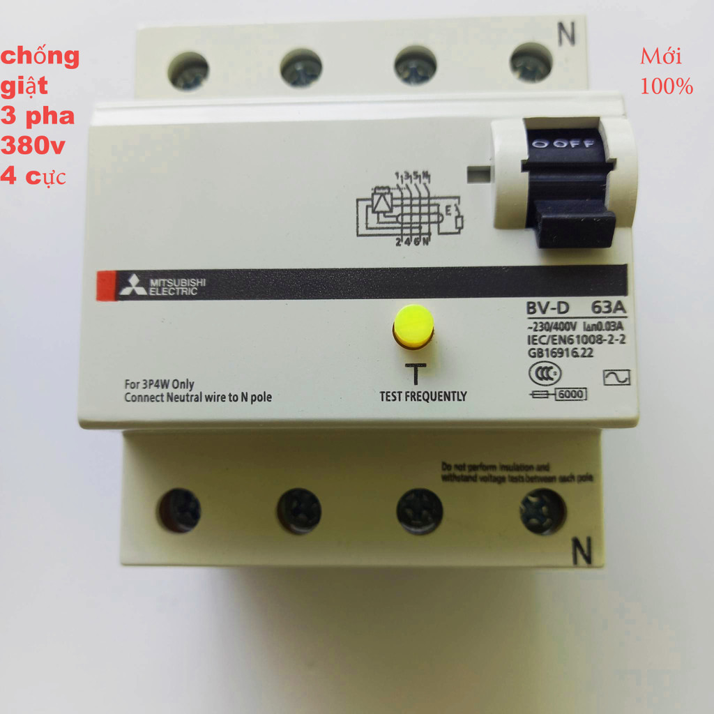 Aptomat chống giật 3 pha 380v 4 cực MITSUBISHI-CB chống giật -Attomat -cầu dao tự động dòng rò 30mA