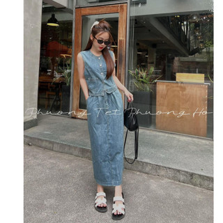 set jean áo và chân váy dài chất vải jean dày dặn xịn xò