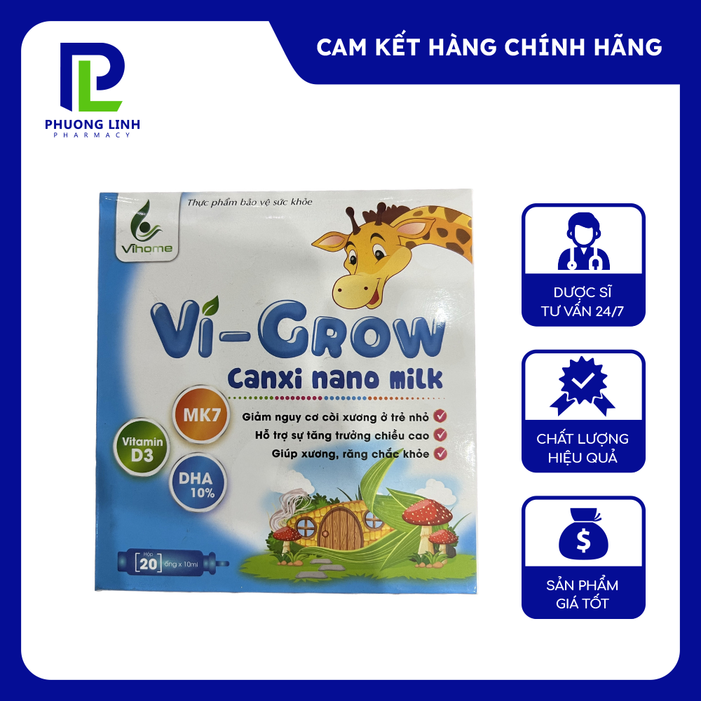 Canxi Nano MK7 dạng ống Vi-Grow, bổ sung Canxi D3 Mk7 xương chắc khỏe, phát triển chiều cao cho bé, canxi hươu cao cổ