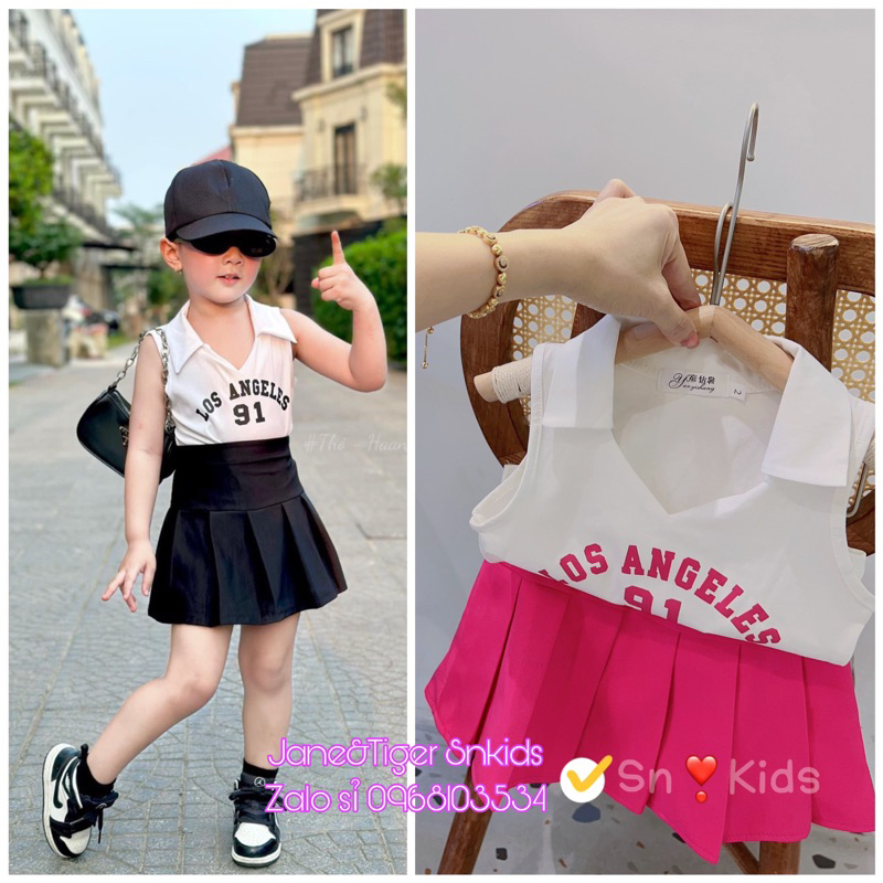 (10-30kg) sỉ set váy xếp ly chéo hàn áo cotton sát nách bé gái Jane snkids