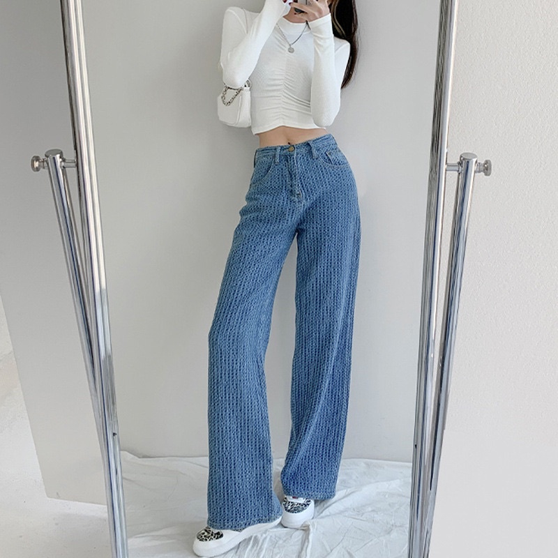 Quần Jean Nữ AIORI Ống Suông Rộng Lưng Cao Trơn Bò Vải Bông Cotton Mềm Mịn Mã A005