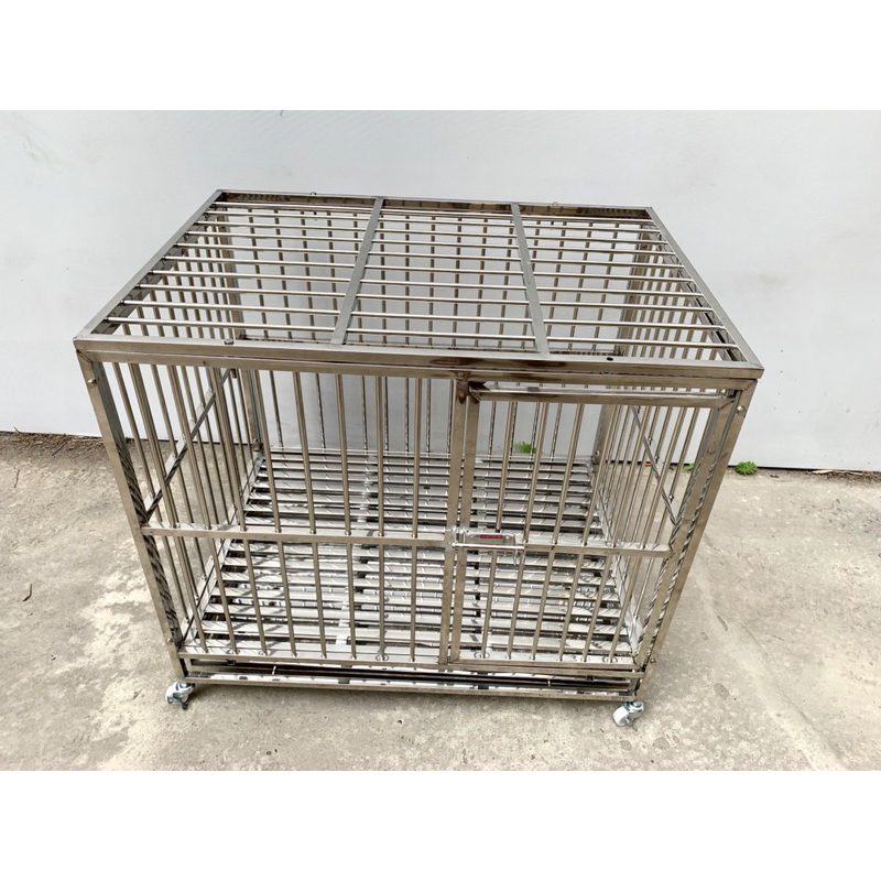 Chuồng inox cho chó mèo 83x60x70cm tháo lắp gấp gọn có bánh xe, khay hứng