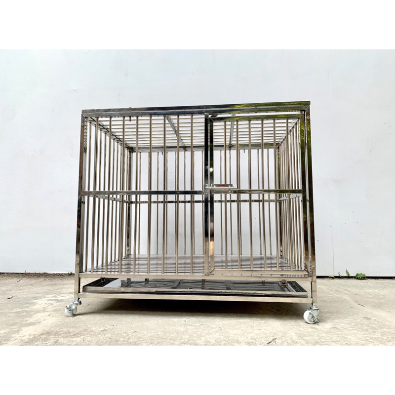 Chuồng inox cho chó mèo 83x60x70cm tháo lắp gấp gọn có bánh xe, khay hứng