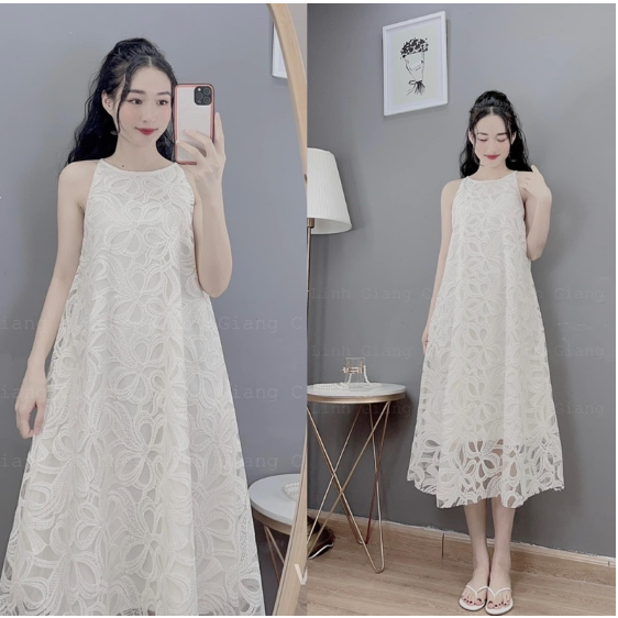 Váy Maxi Cổ Yếm Ren Hoa Nổi