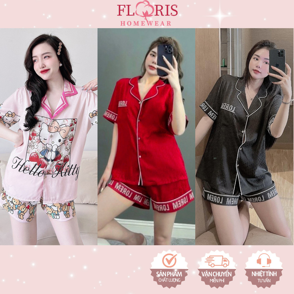 Đồ bộ ngủ mặc nhà lụa tằm xước mềm mát tay ngắn quần đùi in 5D cao cấp Floris