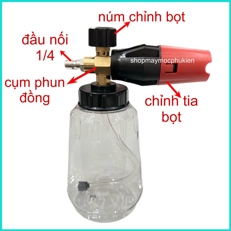 Bình Phun Bọt Tuyết 1L Trong Suốt Cụm Đỏ Đen Cho Máy Rửa Xe