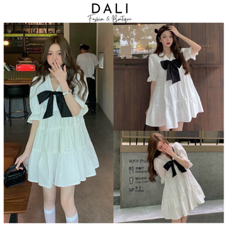 Váy Babydoll Dáng Xoè Cổ V Phối Nơ, Đầm Bánh Bèo Phong Cách Hàn Quốc