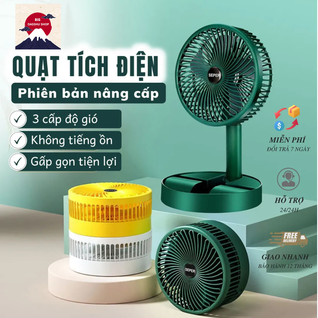 Quạt tích điện cầm tay mini để bàn gấp tròn siêu gọn, 3 chế độ gió mạnh pin chạy 4-8 giờ, có thể mang đi khi đi du lịch