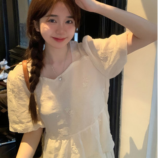 Áo sơ mi nữ tay ngắn phồng phối chân váy điệu đà, sơ mi nữ tay phồng phong cách nhẹ nhàng hàn quốc 4979