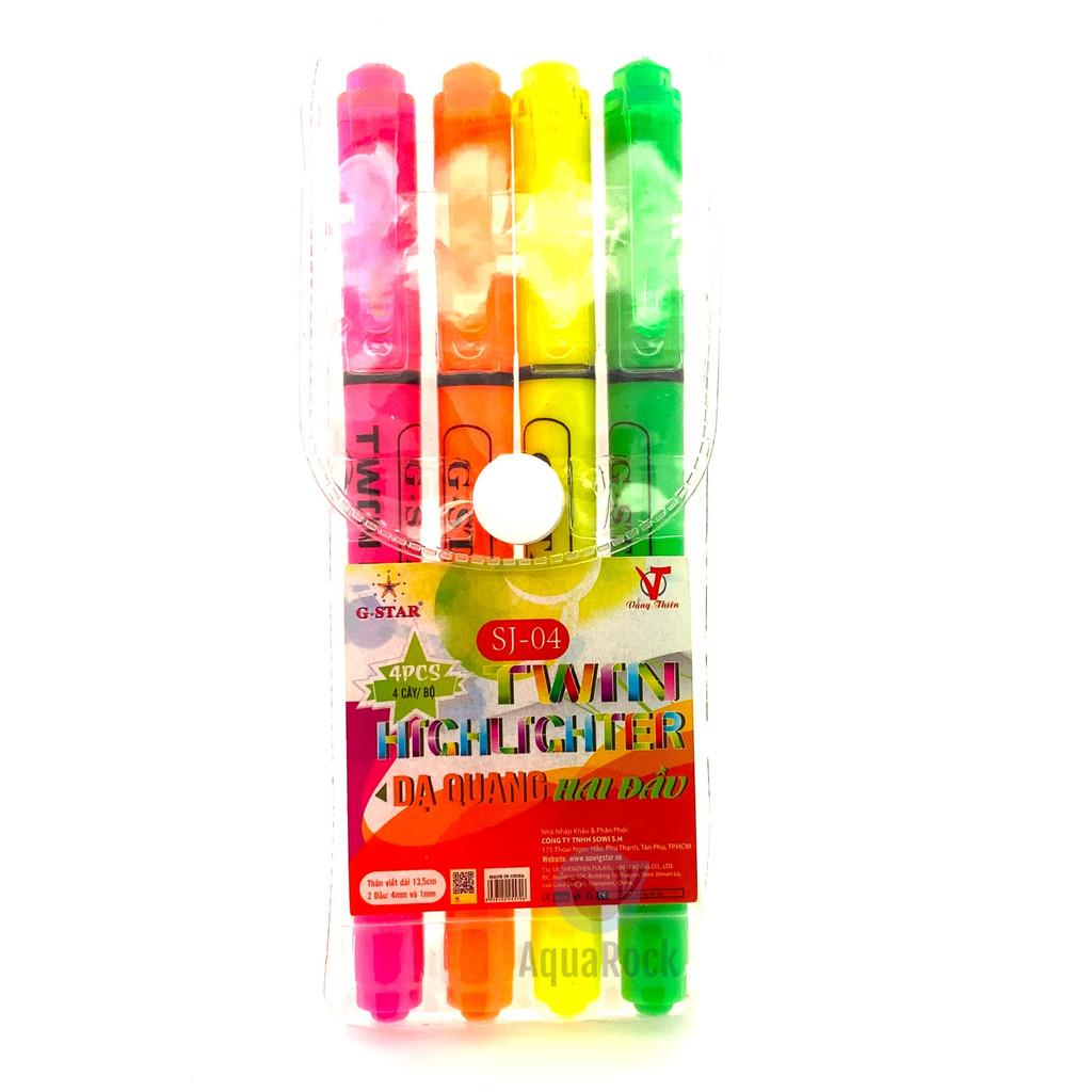 Vỉ combo 4 cây bút viết dạ quang / bút đánh dấu hai đầu Gstar SJ-04 / SJ04 highlight / highlighter nhiều màu tự chọn