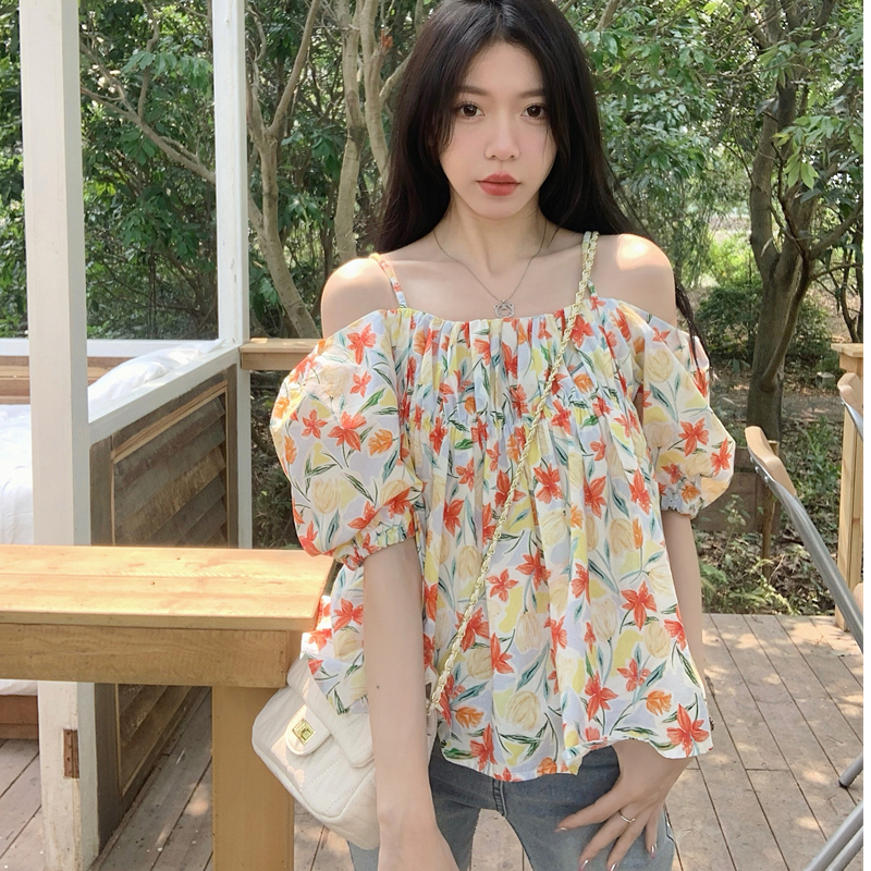 Áo sơ mi nữ tay ngắn bồng vai trần gợi cảm, sơ mi hoa nhí nữ kiểu tay ngắn hở vai phong cách Hàn Quốc 6147