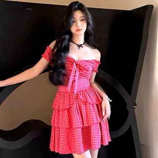 Đầm caro bèo trễ vai mix nơ xinh xắn dáng xòe bào thời trang siêu hot dành cho các nàng đi chơi, dự tiệc hai ttone màu