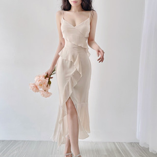 Đầm 2 dây dáng dài xẻ đùi Aida Dress NGOCCLOTHING nữ [FREESHIP] Váy 2s tua rua phối bèo thanh lịch gợi cảm HOT