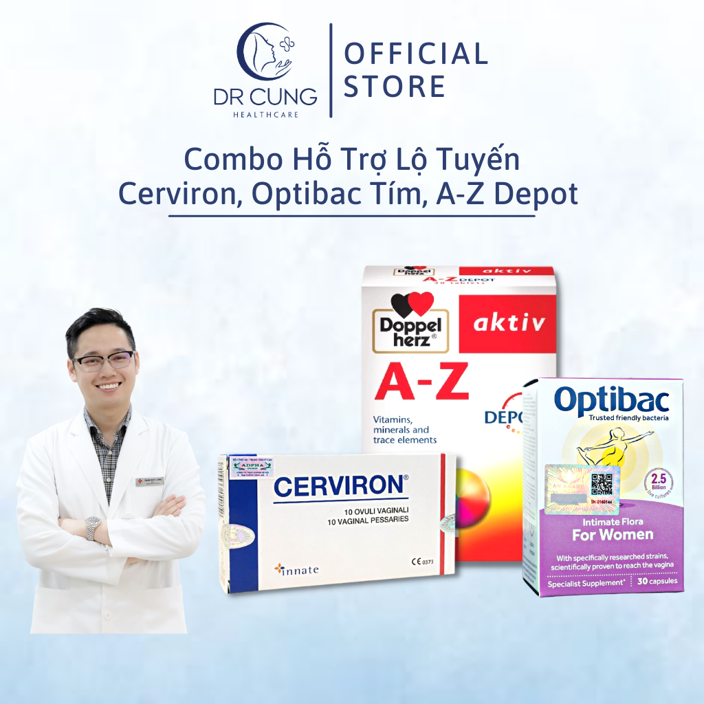 Bác Sĩ Cung Combo Hỗ Trợ Lộ Tuyến Cerviron, Optibac Tím, AZ Depot - Bổ Sung Lợi Khuẩn, Phòng Nấm Ngứa, Tăng Sức Đề Kháng