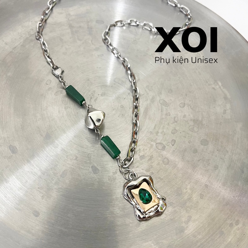 Dây chuyền Nam Nữ Mặt Hình Chữ Nhật Giọt Nước Xanh Lá Bằng Thép Titan Không Gỉ - Vòng Cổ Quyến Rũ Hình Học