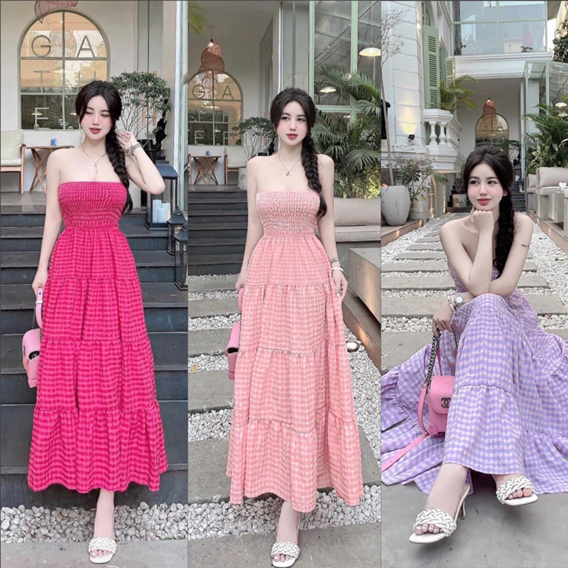 ĐẦM MAXI CÚP NGỰC HOẠ TIẾT CARO DÁNG XOÈ VIỀN BÈO