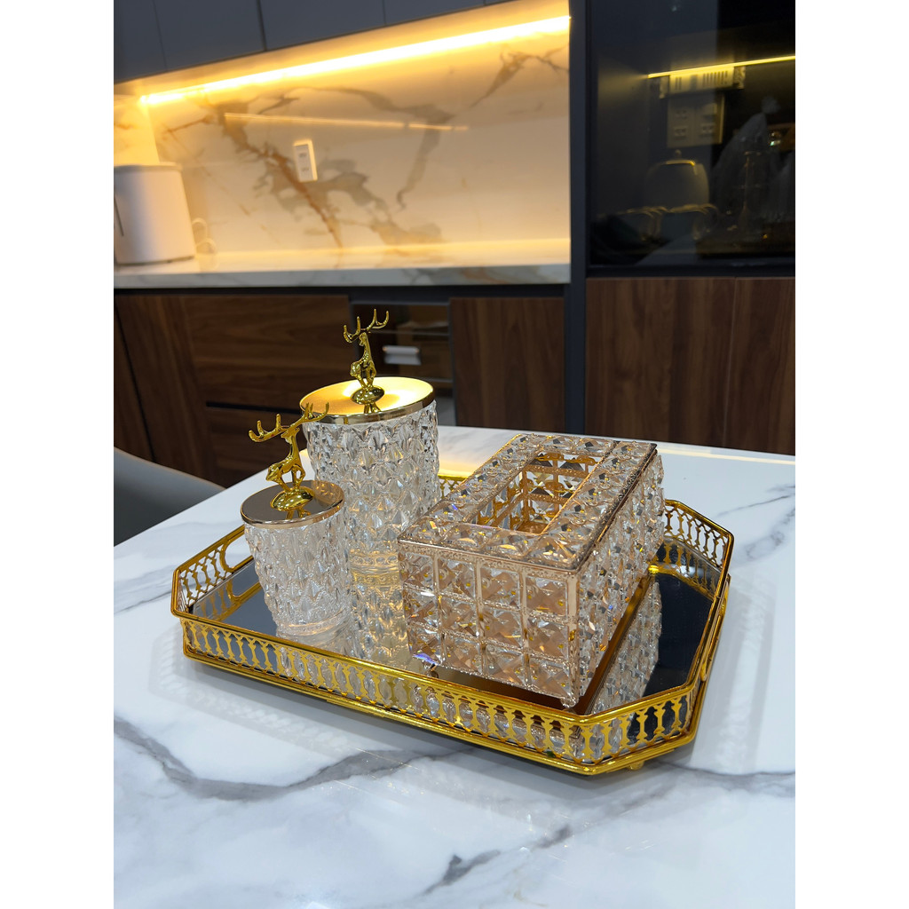 Khay đa năng, hộp đựng giấy, chân nến đính đá phong cách sang chảnh hàng có sẵn