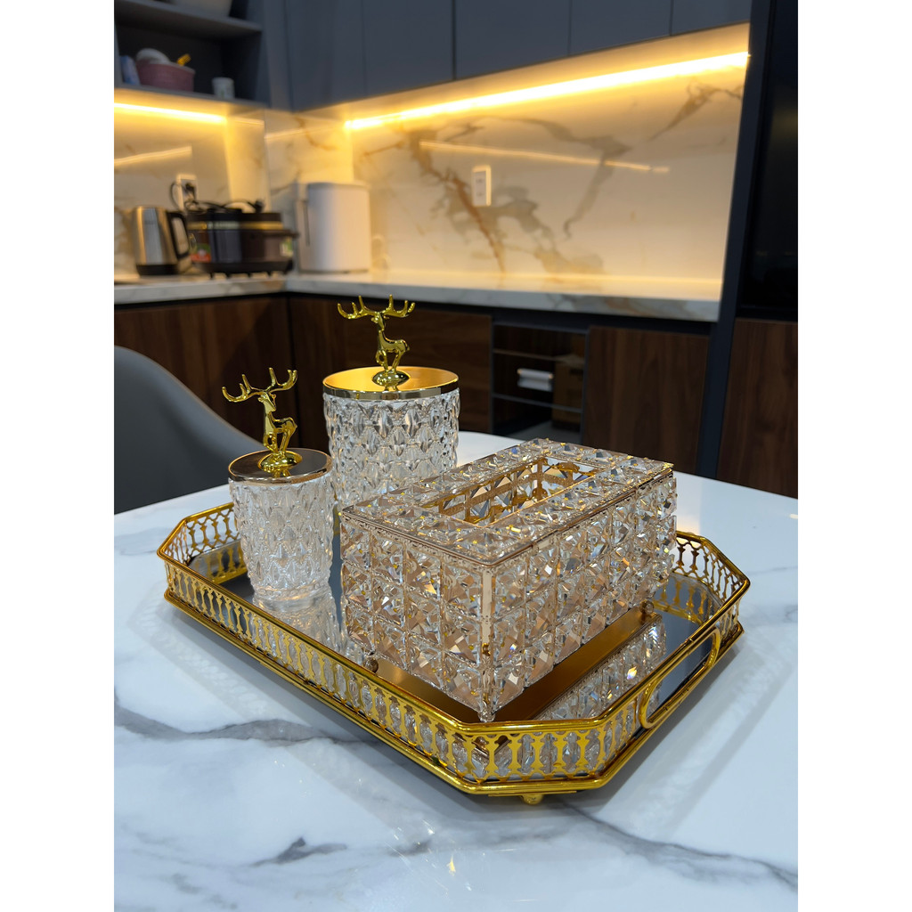 Khay đa năng, hộp đựng giấy, chân nến đính đá phong cách sang chảnh hàng có sẵn