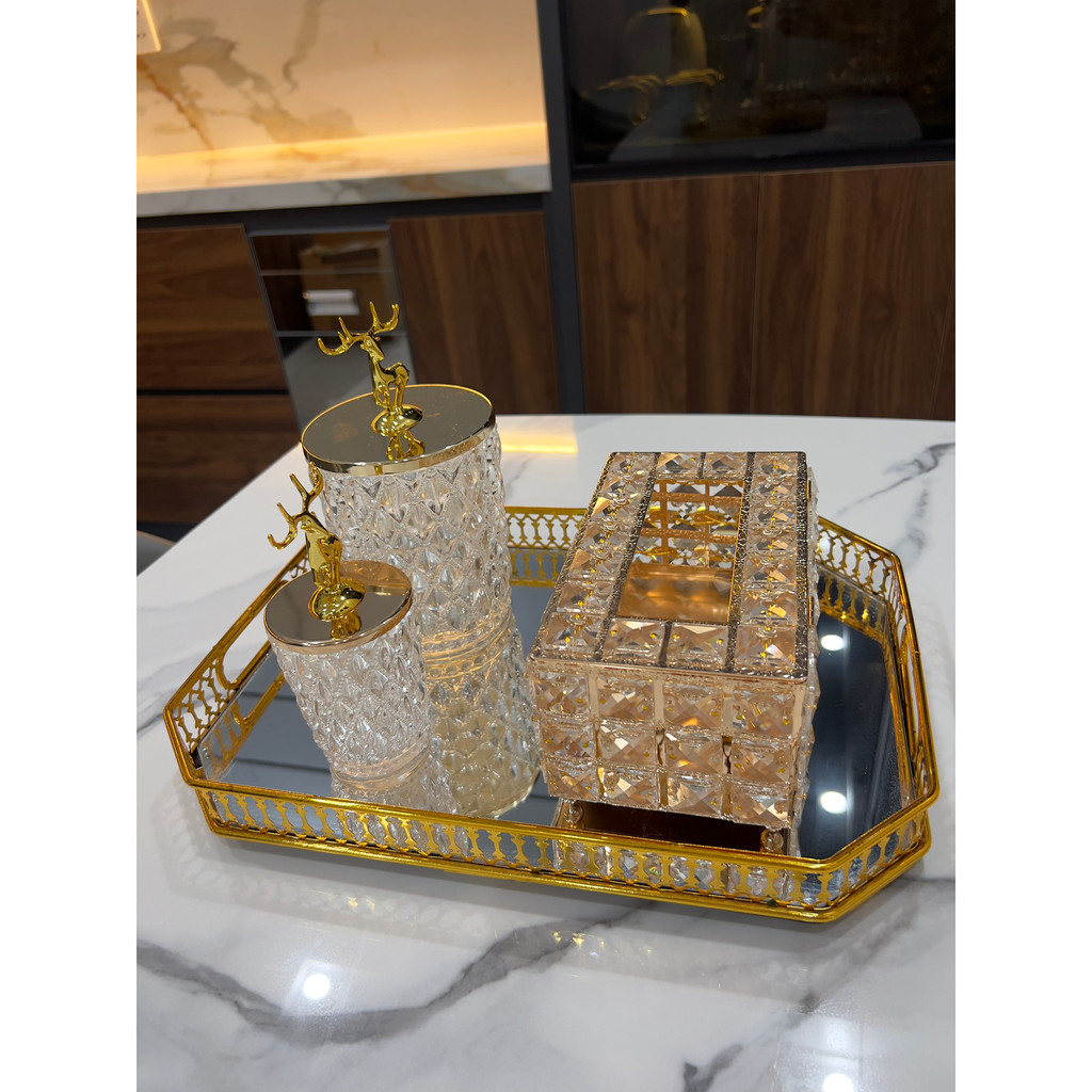 Khay đa năng, hộp đựng giấy, chân nến đính đá phong cách sang chảnh hàng có sẵn