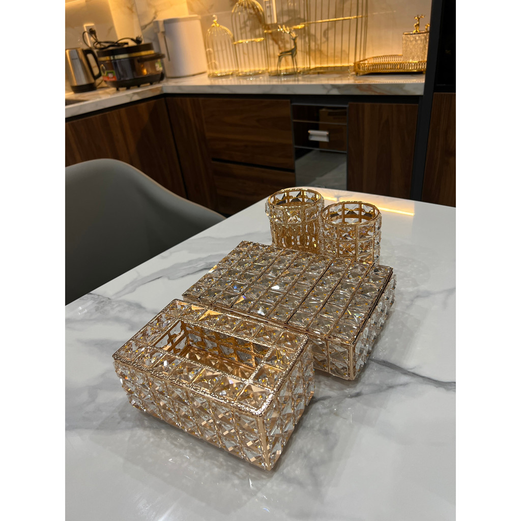 Khay đa năng, hộp đựng giấy, chân nến đính đá phong cách sang chảnh hàng có sẵn