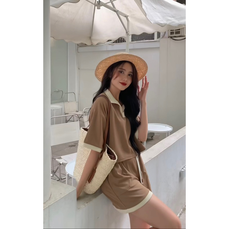 [NEW]SET ÁO THUN TỔ ONG CỔ BẺ MIX QUẦN SOOC VIỀN PHỐI MÀU siêu xinh