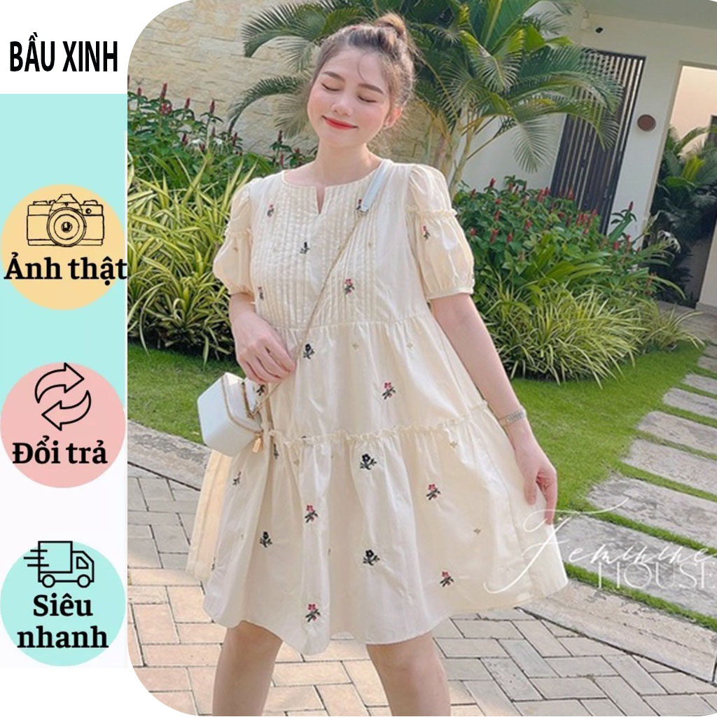 VÁY BẦU CÔNG SỞ MÙA HÈ ĐẸP MÁT-ĐẦM BẦU BABYDOLL HOA CỰC XINH CỔ V XẾP LY SANG CHẢNH VINTAGE VẢI MỀM MÁT BIGSIZE