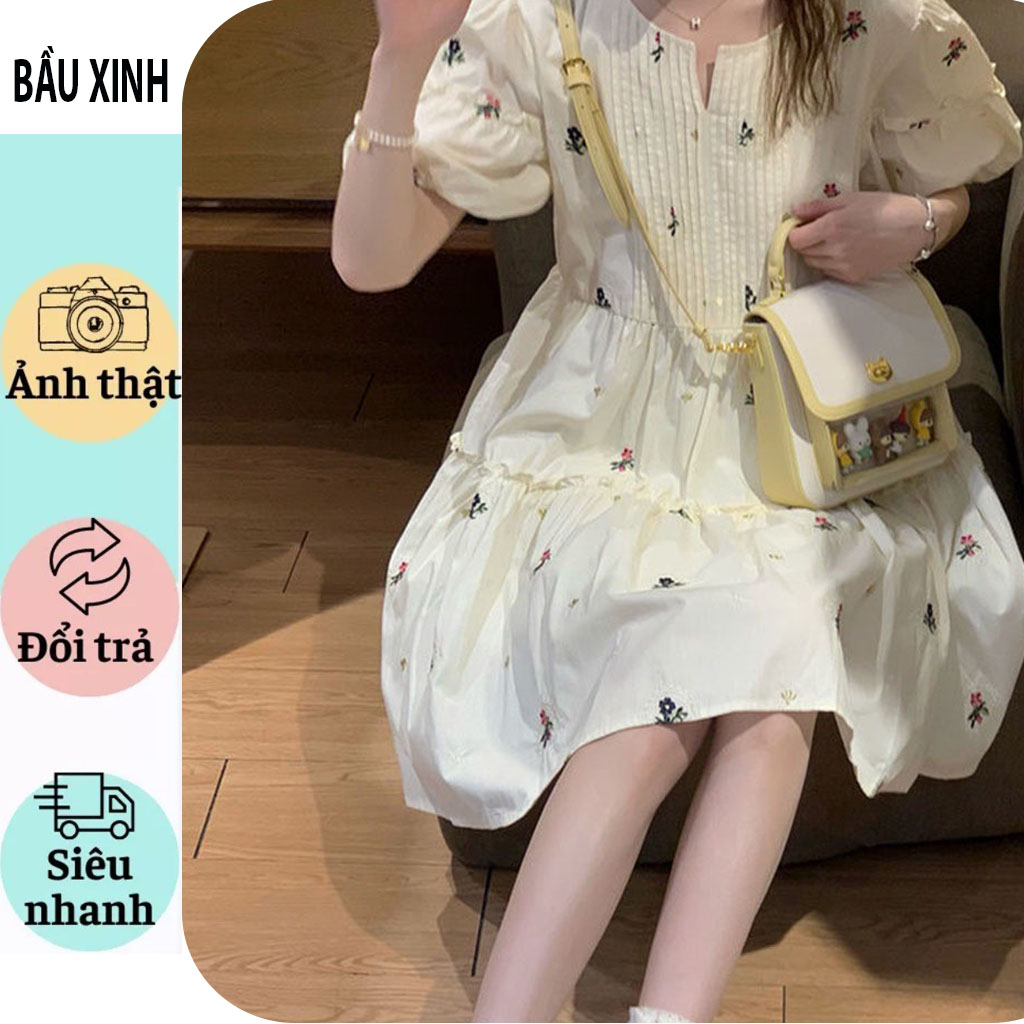 VÁY BẦU CÔNG SỞ MÙA HÈ ĐẸP MÁT-ĐẦM BẦU BABYDOLL HOA CỰC XINH CỔ V XẾP LY SANG CHẢNH VINTAGE VẢI MỀM MÁT BIGSIZE