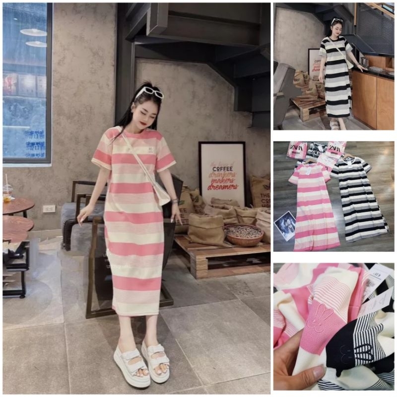 Váy suông midi ZR kẻ chất montoghi siêu đẹp thêu thỏ con siêu xinh