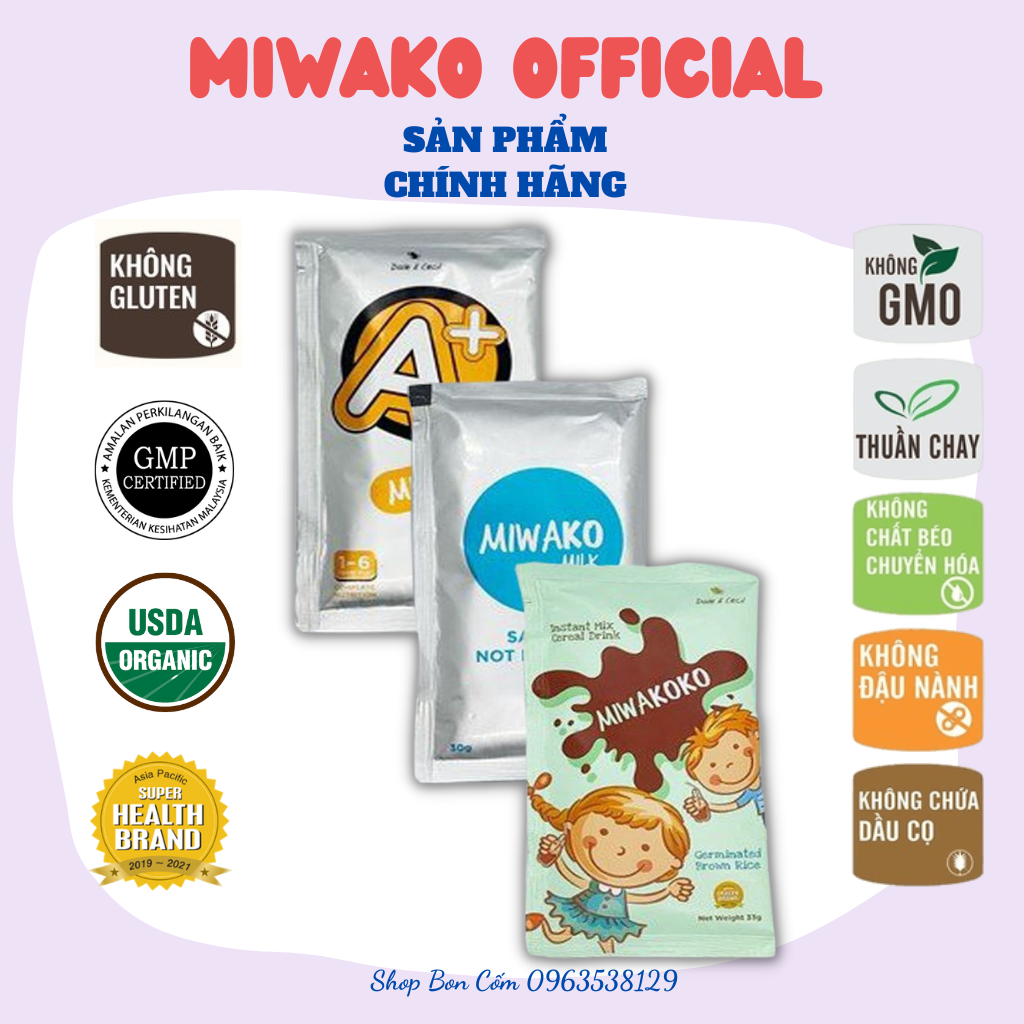Sữa Công Thức Hạt Thực Vật Hữu Cơ Miwako A+ vani, Miwako gạo, Miwakoko Gói Dùng Thử 30g