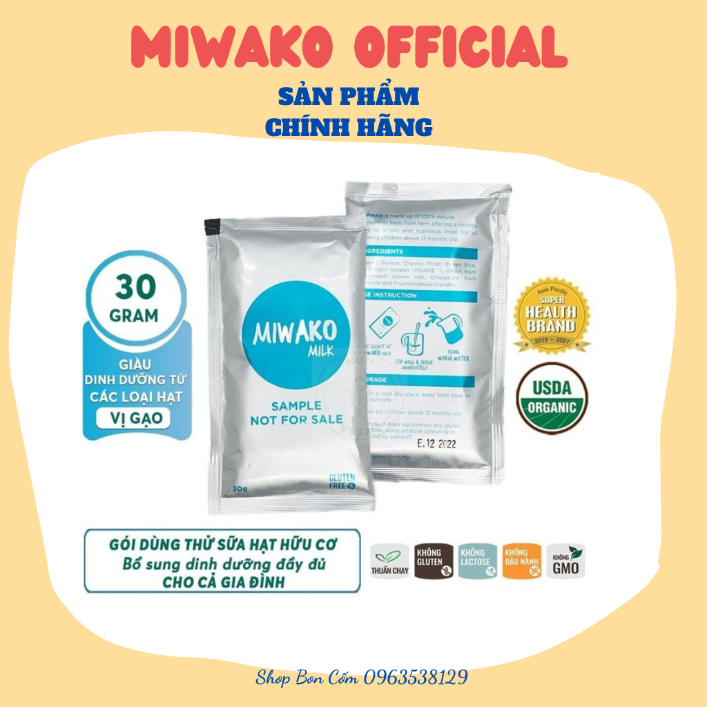 Sữa Công Thức Hạt Thực Vật Hữu Cơ Miwako A+ vani, Miwako gạo, Miwakoko Gói Dùng Thử 30g