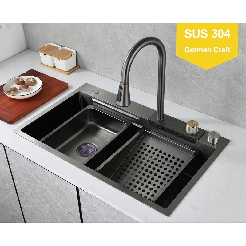 Chậu rửa bát 1 hố inox 304 cỡ lớn, bồn rửa chén bát 1 hộc, vòi rút thác nước xả ngang đa năng, giá rẻ - H04