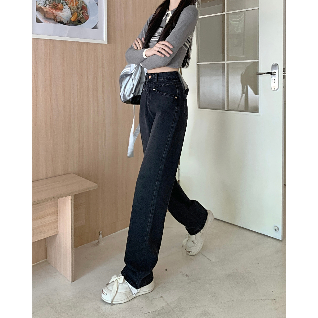 Quần Jean ống rộng , Quần bò ống suông lưng cao màu xanh đậm M12