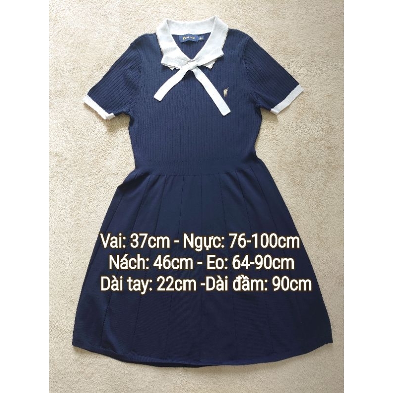 Đầm mông tơ ghi/ mongtoghi/ dệt kim nữ POLO SPORT màu xanh đen cổ polo phối dây cột nơ tay ngắn dáng xòe (Used)
