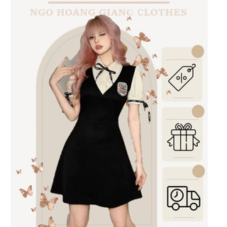 🍊 ảnh thật manocanh 🍊 Váy đen chữ A cổ polo giả 2 lớp nơ nhí tay áo phối dây rút tôn dáng năng động BABY RYLI DRESS H422