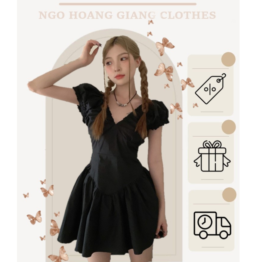 🍊 Ảnh thật manocanh 🍊 Váy đen cổ V bo chun may kỹ dáng xoè đi biển cổ điển tôn dáng BABY LUCIE DRESS H718