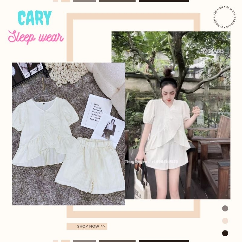Bộ đùi nữ, set bộ đồ nữ bộ quần short đùi áo xốp bèo tay bồng vạt chéo mặc ở nhà CARY
