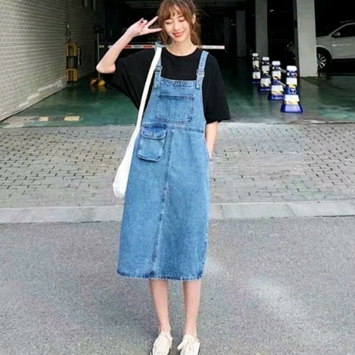 Yếm Váy Jean Nữ Chất Bò Form Dài Phối Túi Lớn Trước Ngực