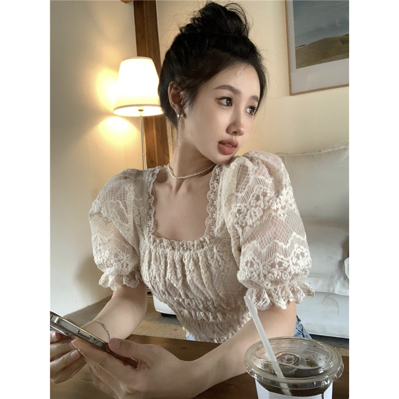 Áo Croptop Ren 🍊 Tiệm Vải Xinh 🍊 Áo Croptop Chun Eo Tay Bồng Ren