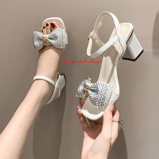 Sandal cao gót đính nơ đá chram miu-miu đế vuông cao 7cm