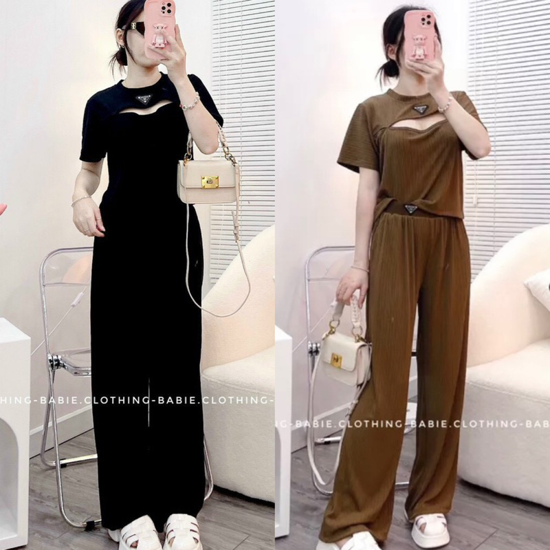 Set Bộ Thun Áo Tay Ngắn Khoét Ngực Hiệu PR + Quần Ống Xuông