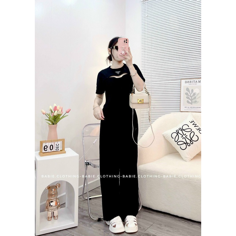 Set Bộ Thun Áo Tay Ngắn Khoét Ngực Hiệu PR + Quần Ống Xuông