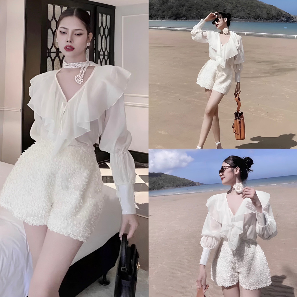 Set 3 Món Tiều Thư, Áo Sơ Mi Tơ Mix Áo 2 Dây Bún, Quần Vải Đính Hoa Nổi 2 Lớp