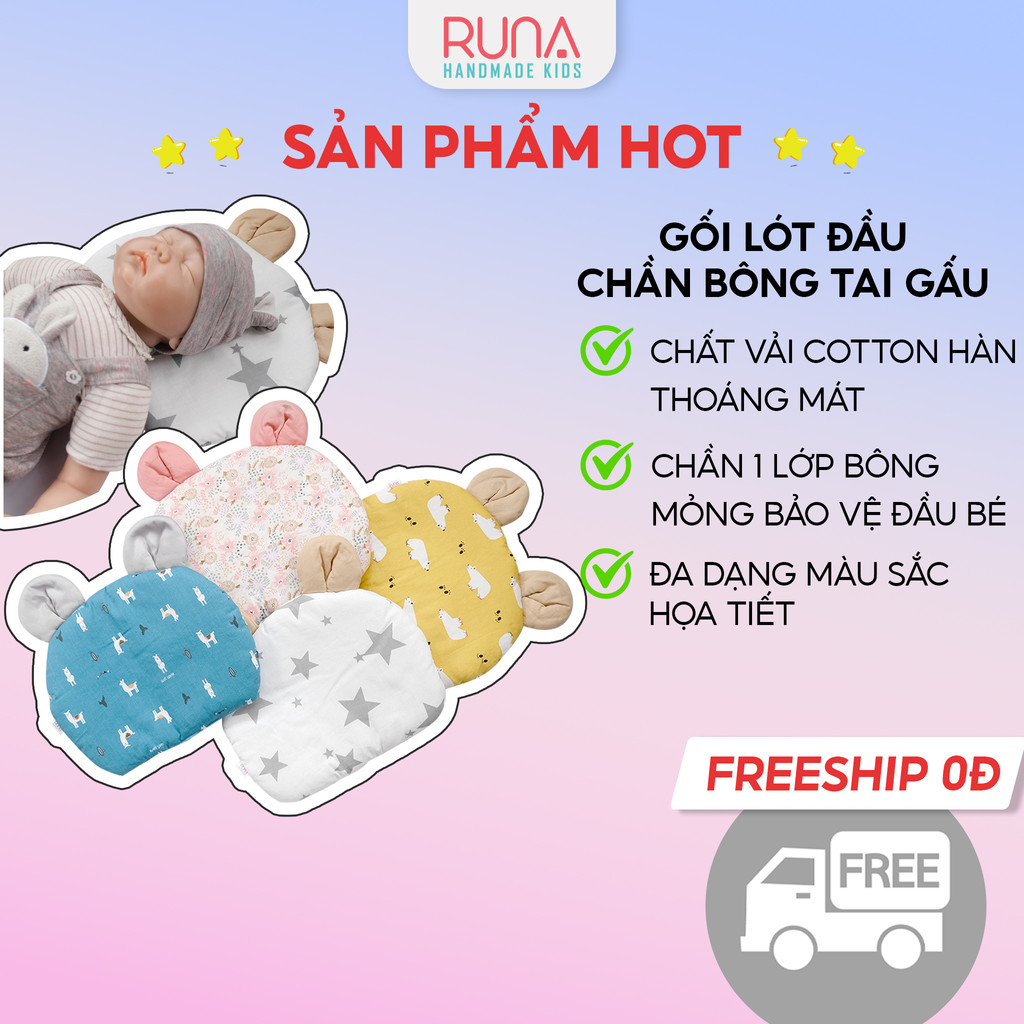 Gối lót đầu cho trẻ sơ sinh RUNA KIDS hình tai gấu chất liệu Satin cao cấp mềm mịn, thoáng mát, an toàn cho da bé