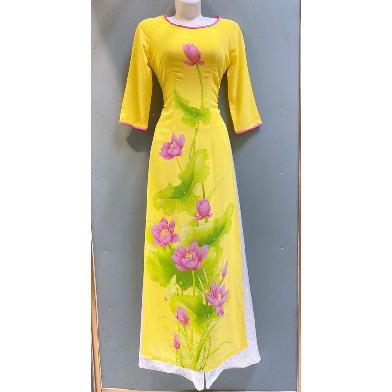 14T5.9 Áo dài vàng hoa sen vải voan nhẹ có lót ngực