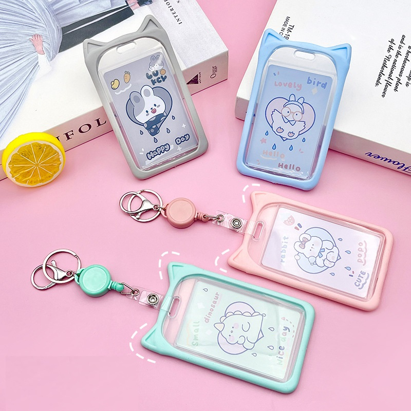 Bao thẻ học sinh viền tai mèo silicon kèm nút rút co dãn