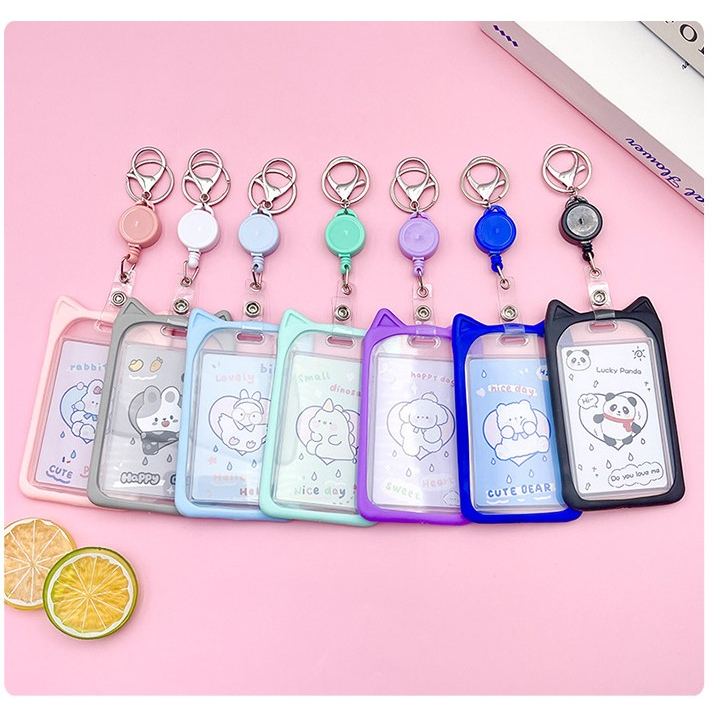 Bao thẻ học sinh viền tai mèo silicon kèm nút rút co dãn