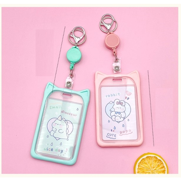 Bao thẻ học sinh viền tai mèo silicon kèm nút rút co dãn