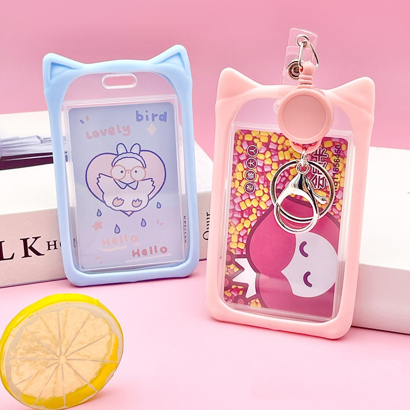 Bao thẻ học sinh viền tai mèo silicon kèm nút rút co dãn